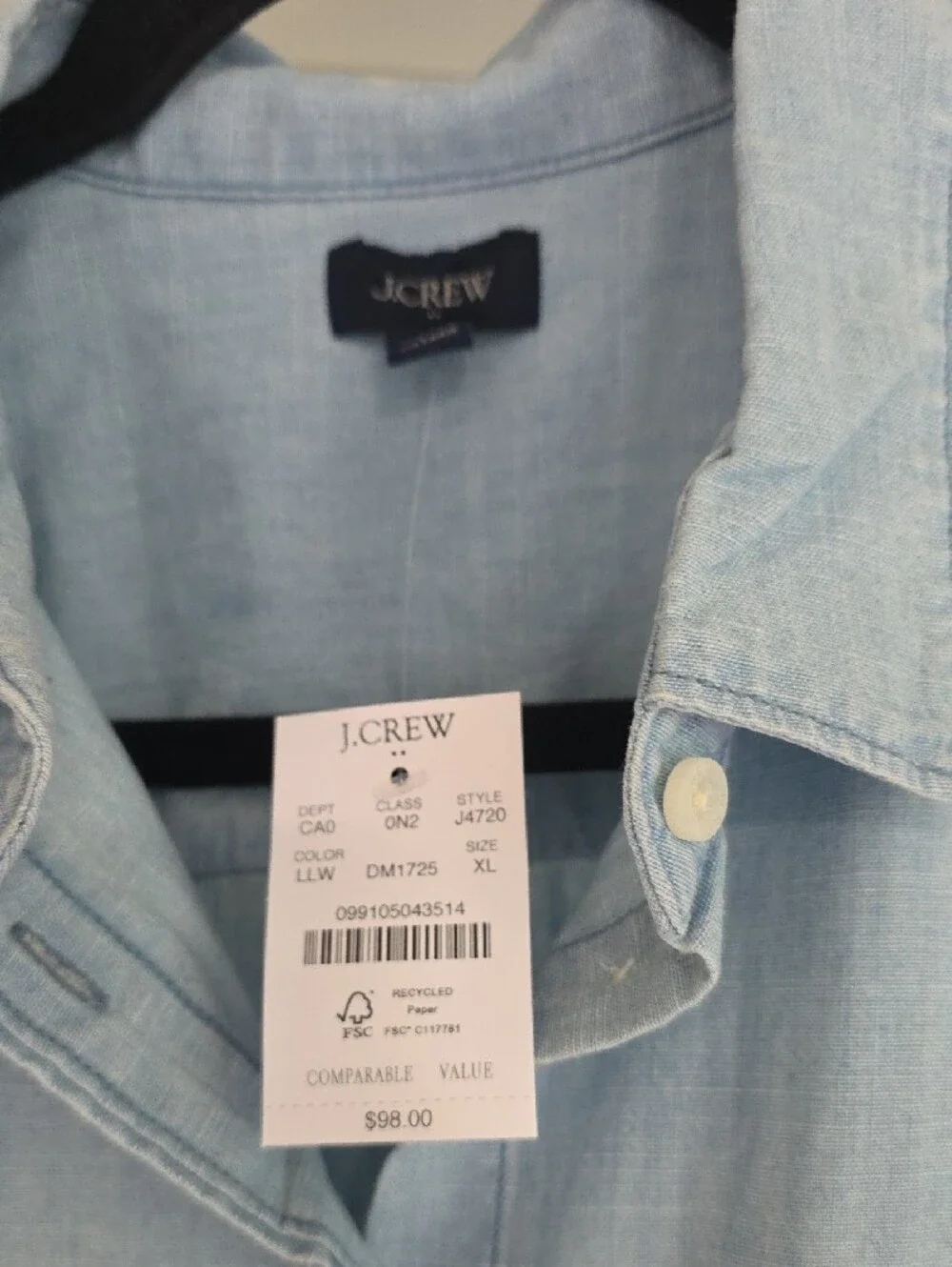 NWT J.Crew Factory Signature Fit Chambray Shirt Lovers Lane XL